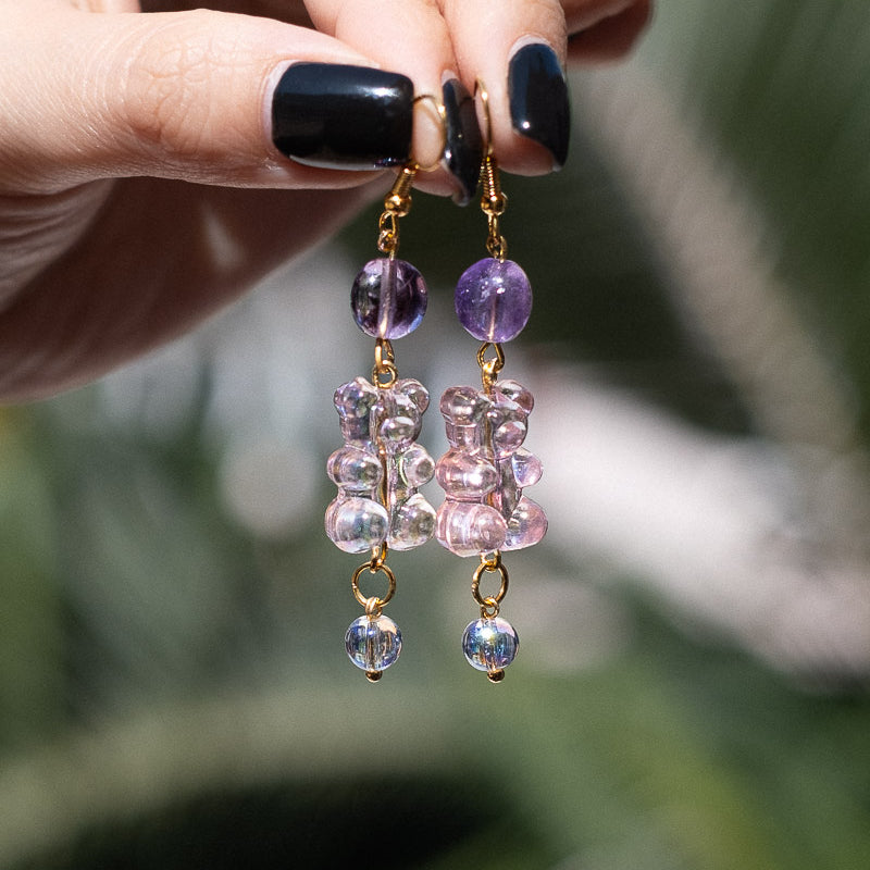 Lucky Bear Gold Earrings - Amethyst Crystal
