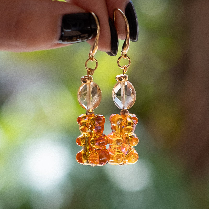 Sparkling Love Bear Gold Earrings - Rose Quartz