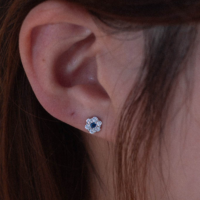 Blue Sapphire Flower Studs