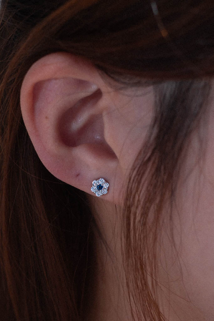 Blue Sapphire Flower Studs