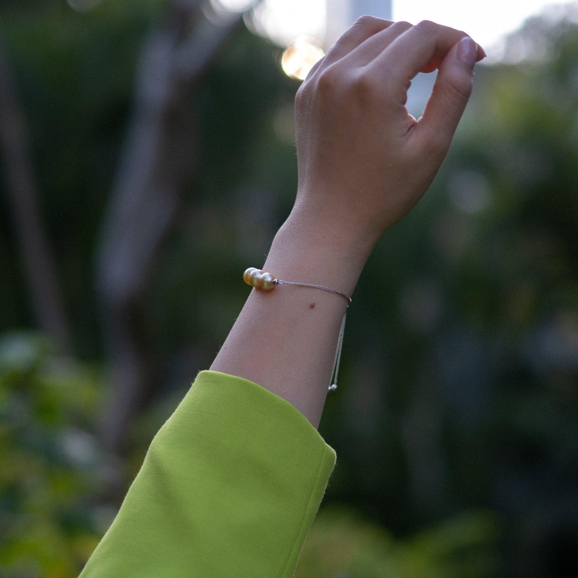 14K White Gold - Golden South Sea Pearl Trio Bracelet