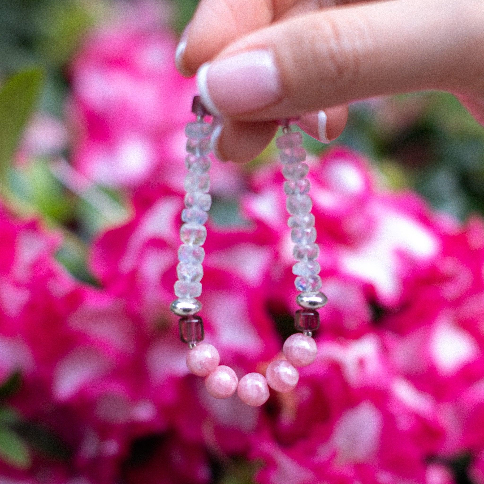 Peony - Rhodochrosite Tourmaline Rainbow Moonstone Bracelet